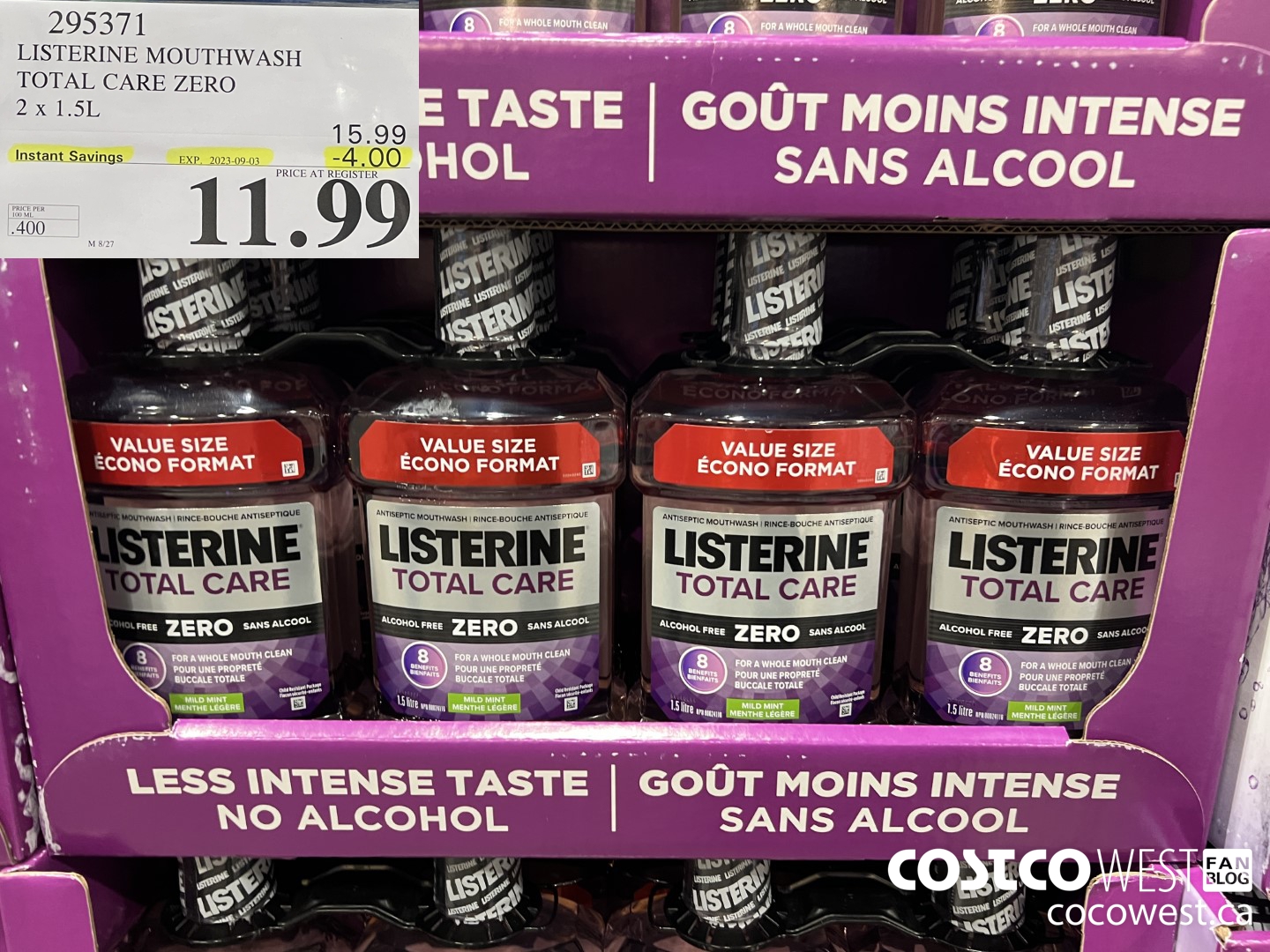 295371 LISTERINE MOUTHWASH TOTAL CARE ZERO 2 X 1.5L ($4.00 INSTANT SAVINGS EXPIRES ON 2023-09-03) $11.99