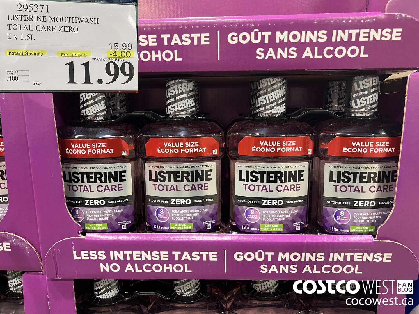 295371 LISTERINE MOUTHWASH TOTAL CARE ZERO 2 X 1.5L ($4.00 INSTANT SAVINGS EXPIRES ON 2023-09-03) $11.99