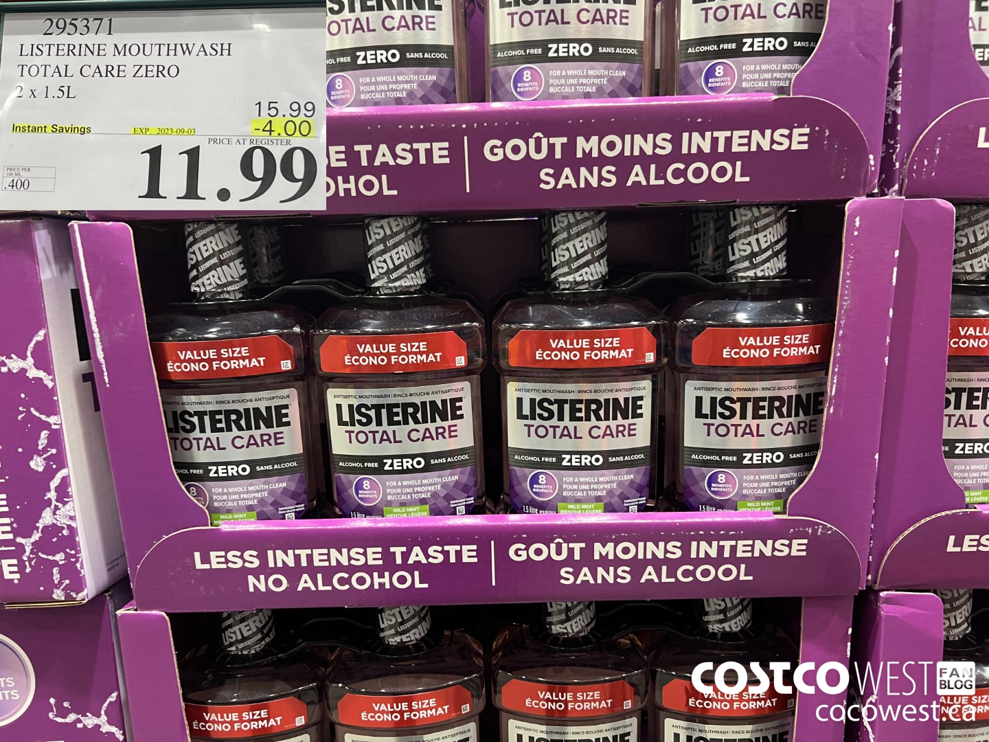 295371 LISTERINE MOUTHWASH TOTAL CARE ZERO 2 X 1.5L ($4.00 INSTANT SAVINGS EXPIRES ON 2023-09-03) $11.99