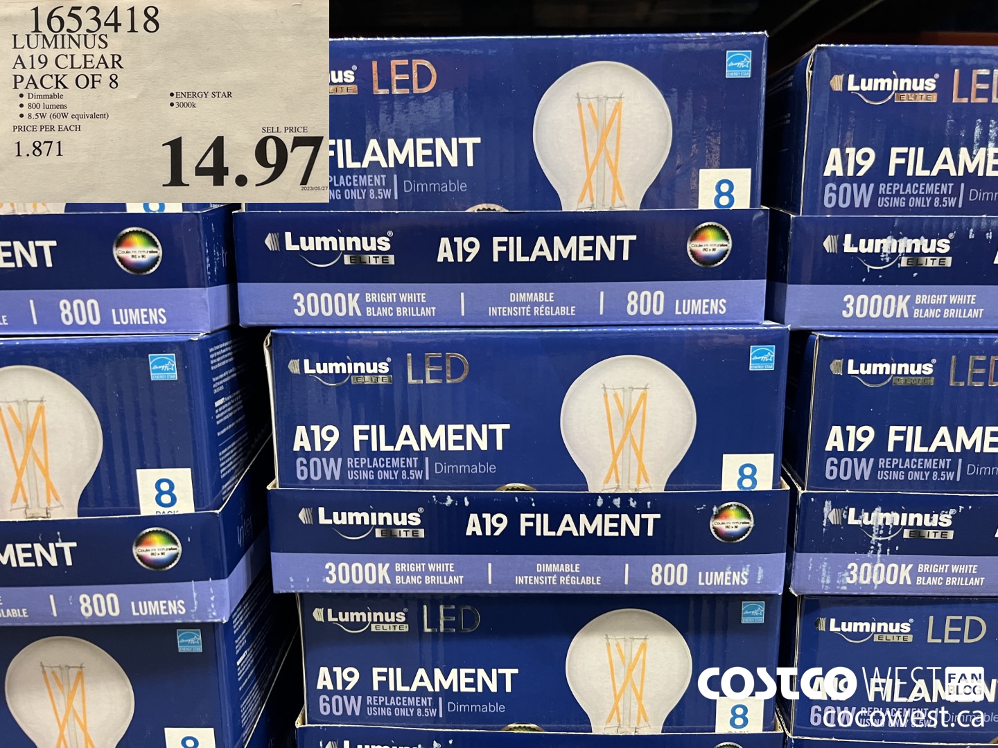 1653418 LUMINUS A19 CLEAR PACK OF 8 $14.97