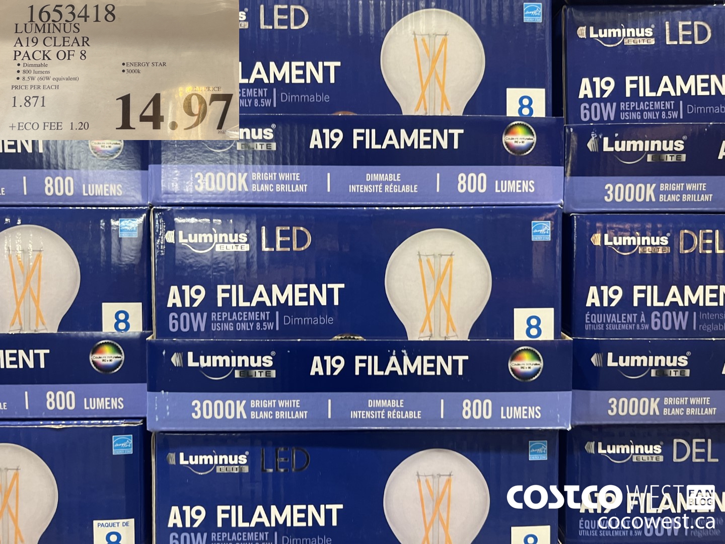 1653418 LUMINUS A19 CLEAR PACK OF 8 $14.97