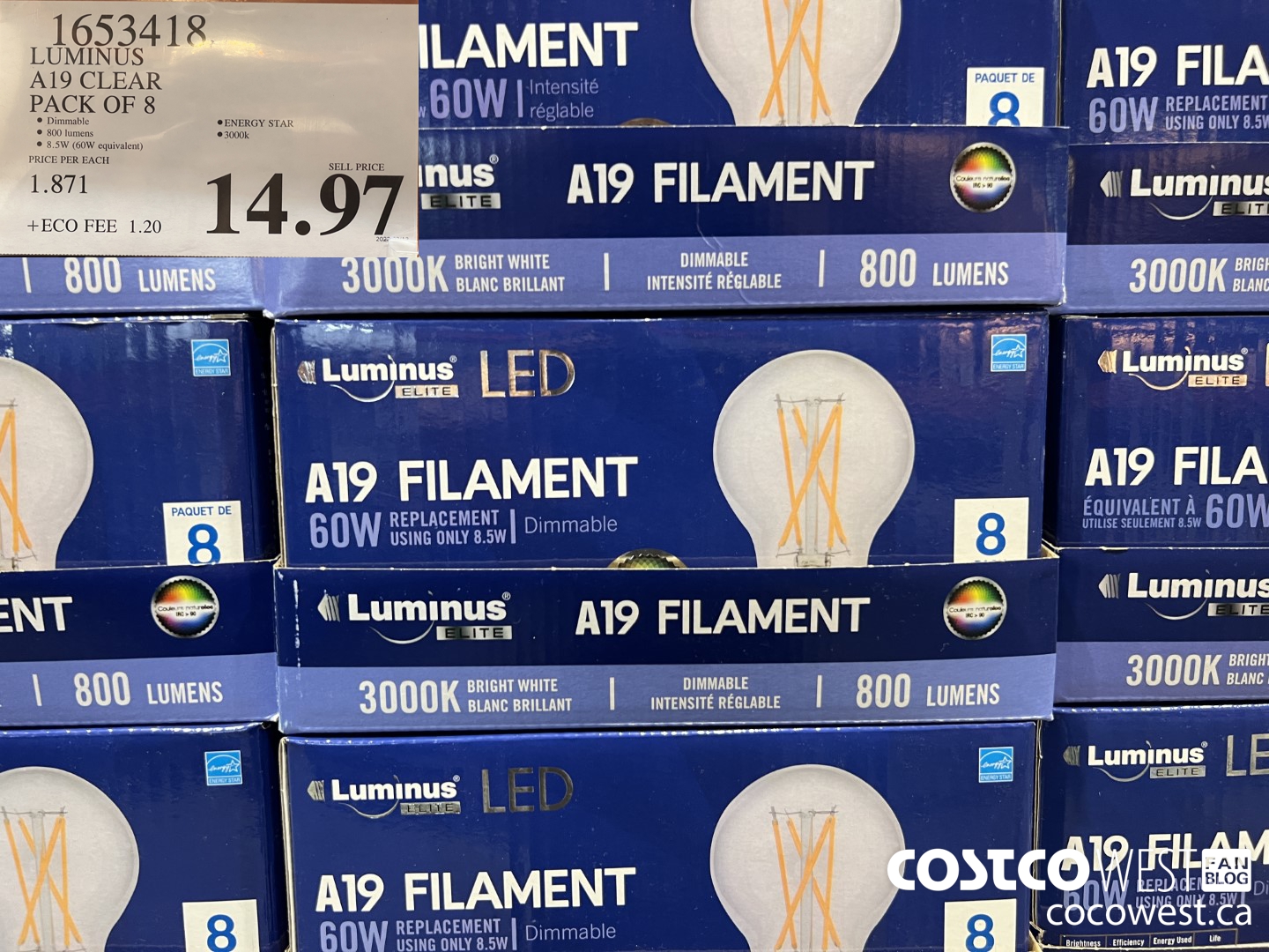 1653418 LUMINUS A19 CLEAR PACK OF 8 $14.97