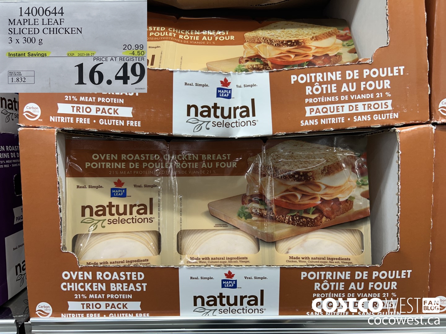 1400644 MAPLE LEAF SLICED CHICKEN 3 x 300 g ($4.50 INSTANT SAVINGS EXPIRES ON 2023-08-27) $16.49