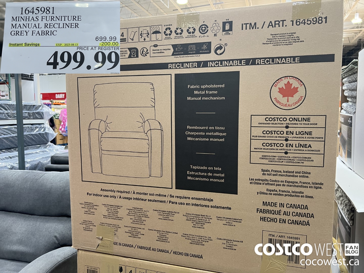 1645981 MINHAS FURNITURE MANUAL RECLINER GREY FABRIC ($200.00 INSTANT SAVINGS EXPIRES ON 2023-08-13) $499.99