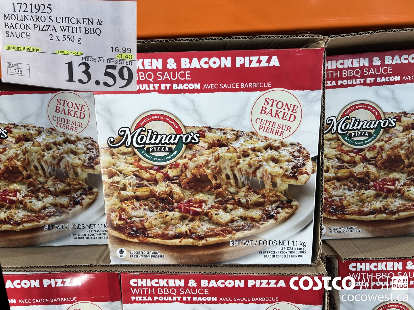 1721925 MOLINARO'S CHICKEN & BACON PIZZA WITH BBQ SAUCE 2 X 550 G ($3.40 INSTANT SAVINGS EXPIRES ON 2023-08-20) $13.59