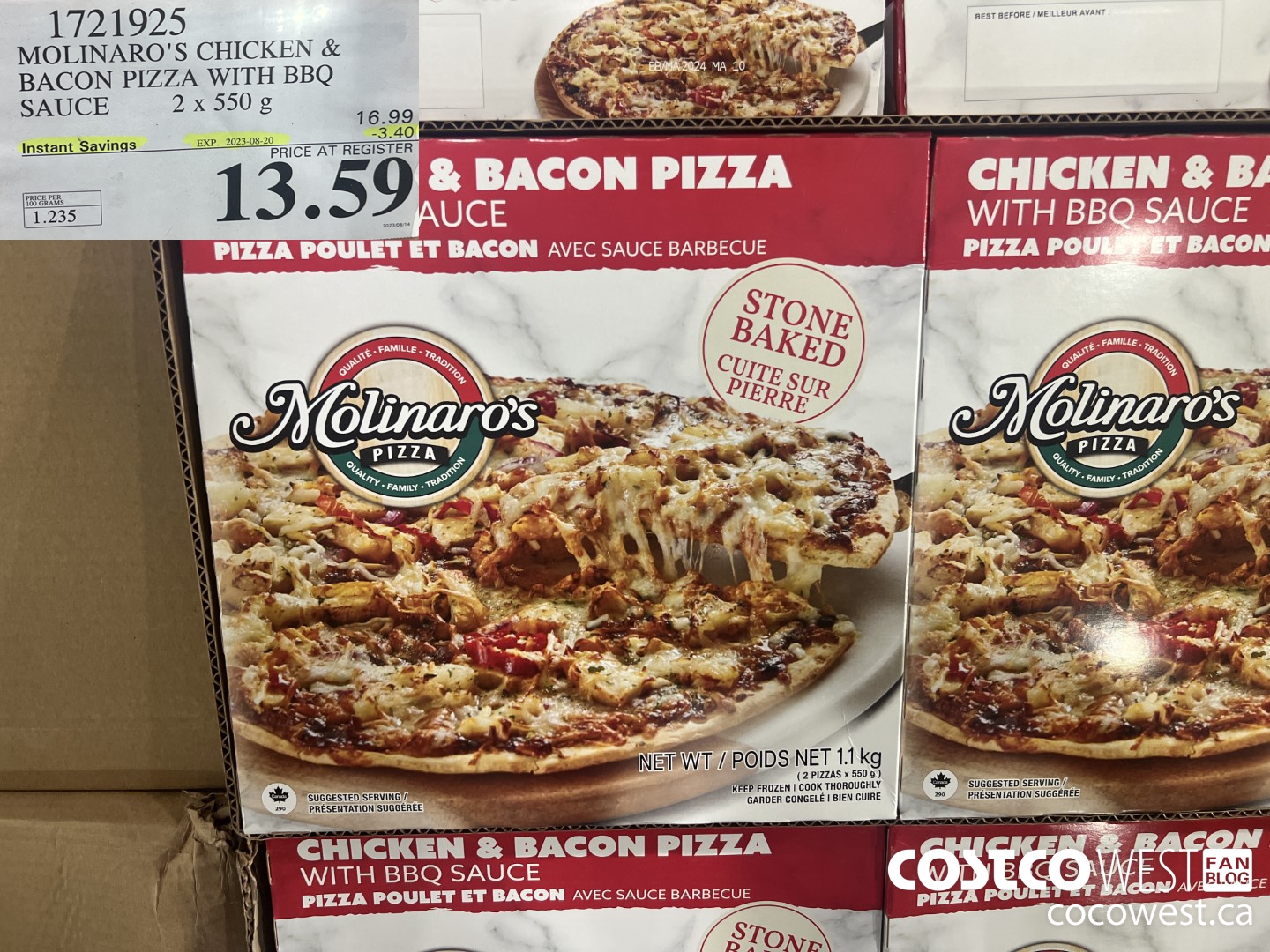 1721925 MOLINARO'S CHICKEN & BACON PIZZA WITH BBQ SAUCE 2 X 550 G ($3.40 INSTANT SAVINGS EXPIRES ON 2023-08-20) $13.59