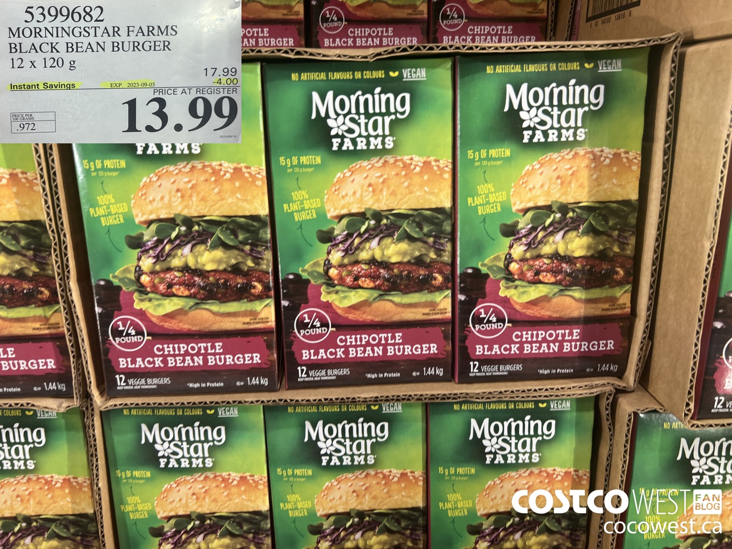 5399682 MORNINGSTAR FARMS BLACK BEAN BURGER 12 x 120g ($4.00 INSTANT SAVINGS EXPIRES ON 2023-09-03) $13.99