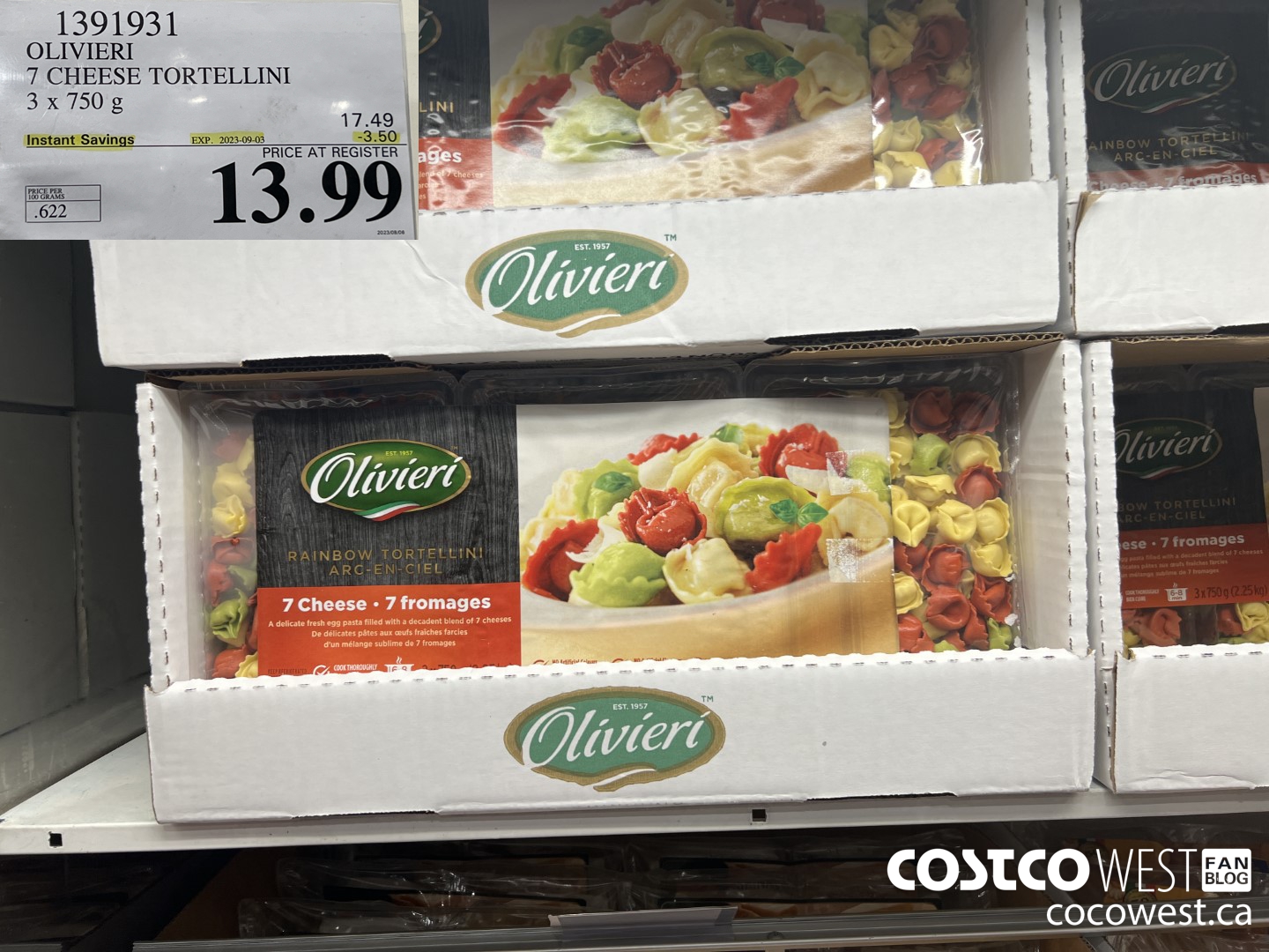 1391931 OLIVIERI 7 CHEESE TORTELLINI 3 x 750 g ($3.50 INSTANT SAVINGS EXPIRES ON 2023-09-03) $13.99