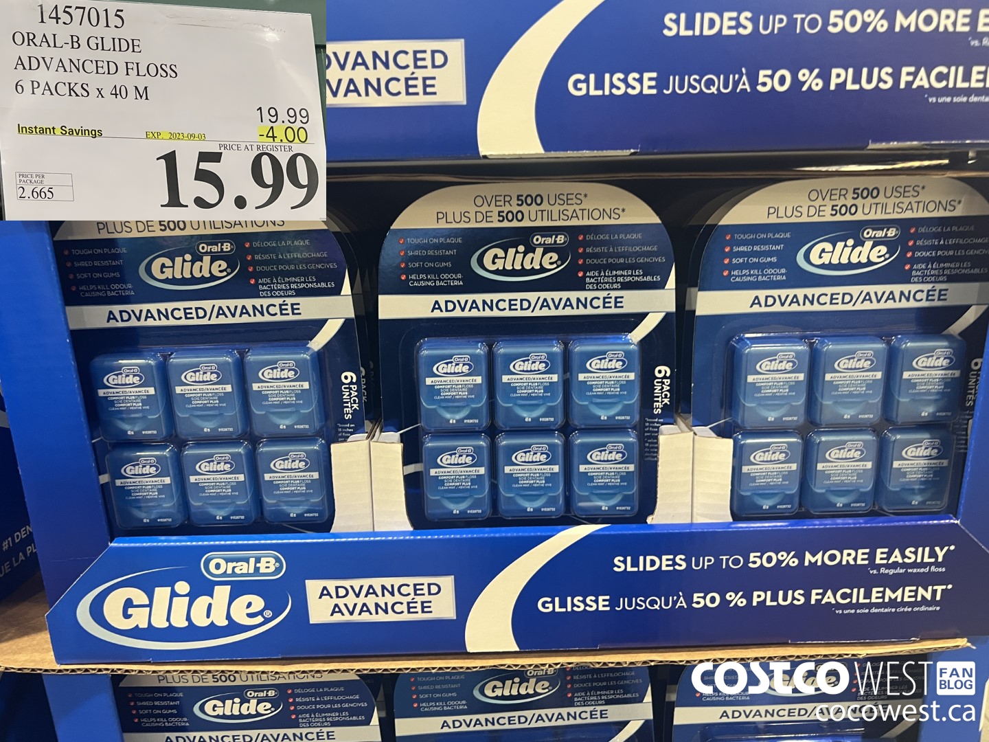 1457015 ORAL-B GLIDE ADVANCED FLOSS 6 PACKS x 40 M ($4.00 INSTANT SAVINGS EXPIRES ON 2023-09-03) $15.99