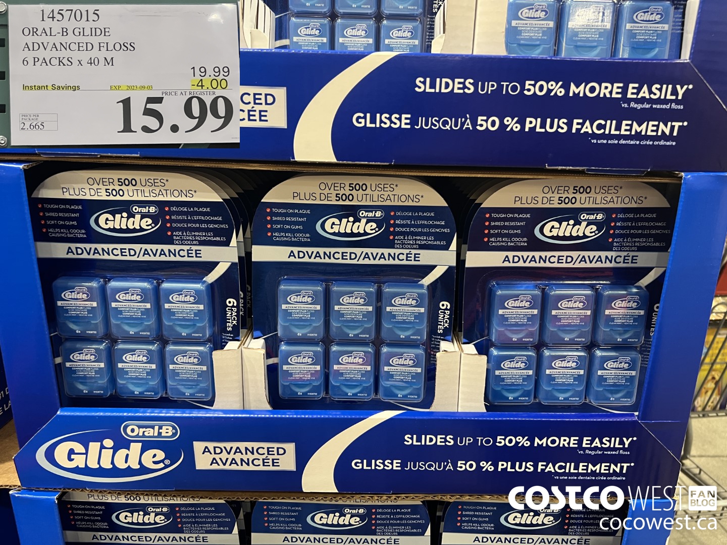 1457015 ORAL-B GLIDE ADVANCED FLOSS 6 PACKS x 40 M ($4.00 INSTANT SAVINGS EXPIRES ON 2023-09-03) $15.99
