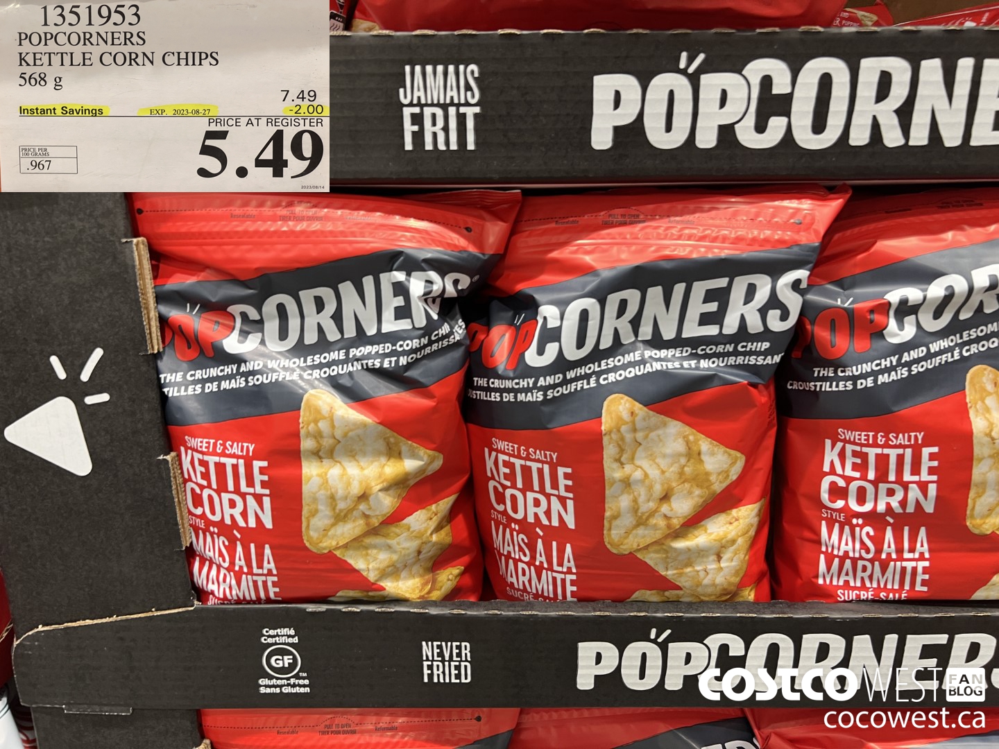 1351953 POPCORNERS KETTLE CORN CHIPS 568 g ($2.00 INSTANT SAVINGS EXPIRES ON 2023-08-27) $5.49