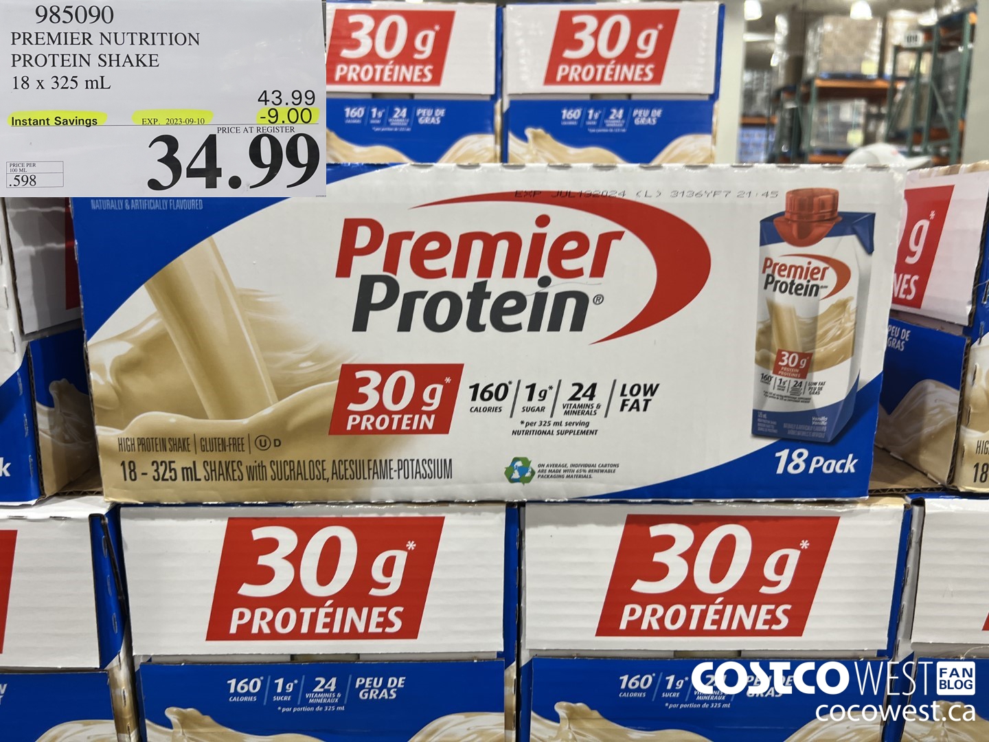 985090 PREMIER NUTRITION VANILLA PROTEIN SHAKE 18 x 325 mL ($9.00 INSTANT SAVINGS EXPIRES ON 2023-09-10) $34.99