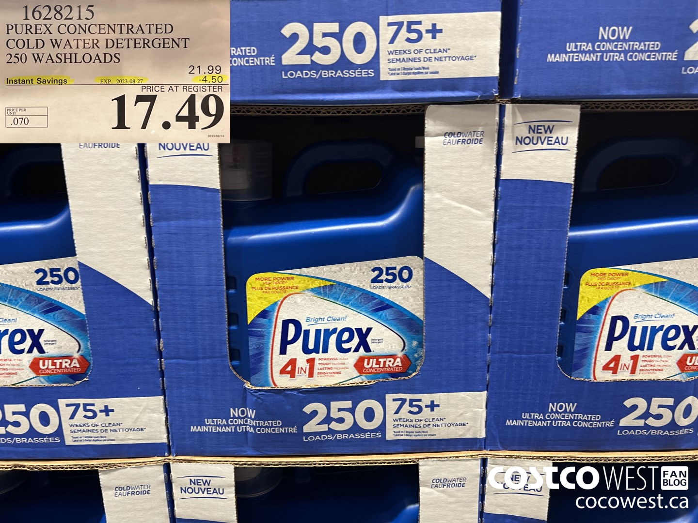 1628215 PUREX CONCENTRATED COLD WATER DETERGENT 250 WASHLOADS ($4.50 INSTANT SAVINGS EXPIRES ON 2023-08-27) $17.49