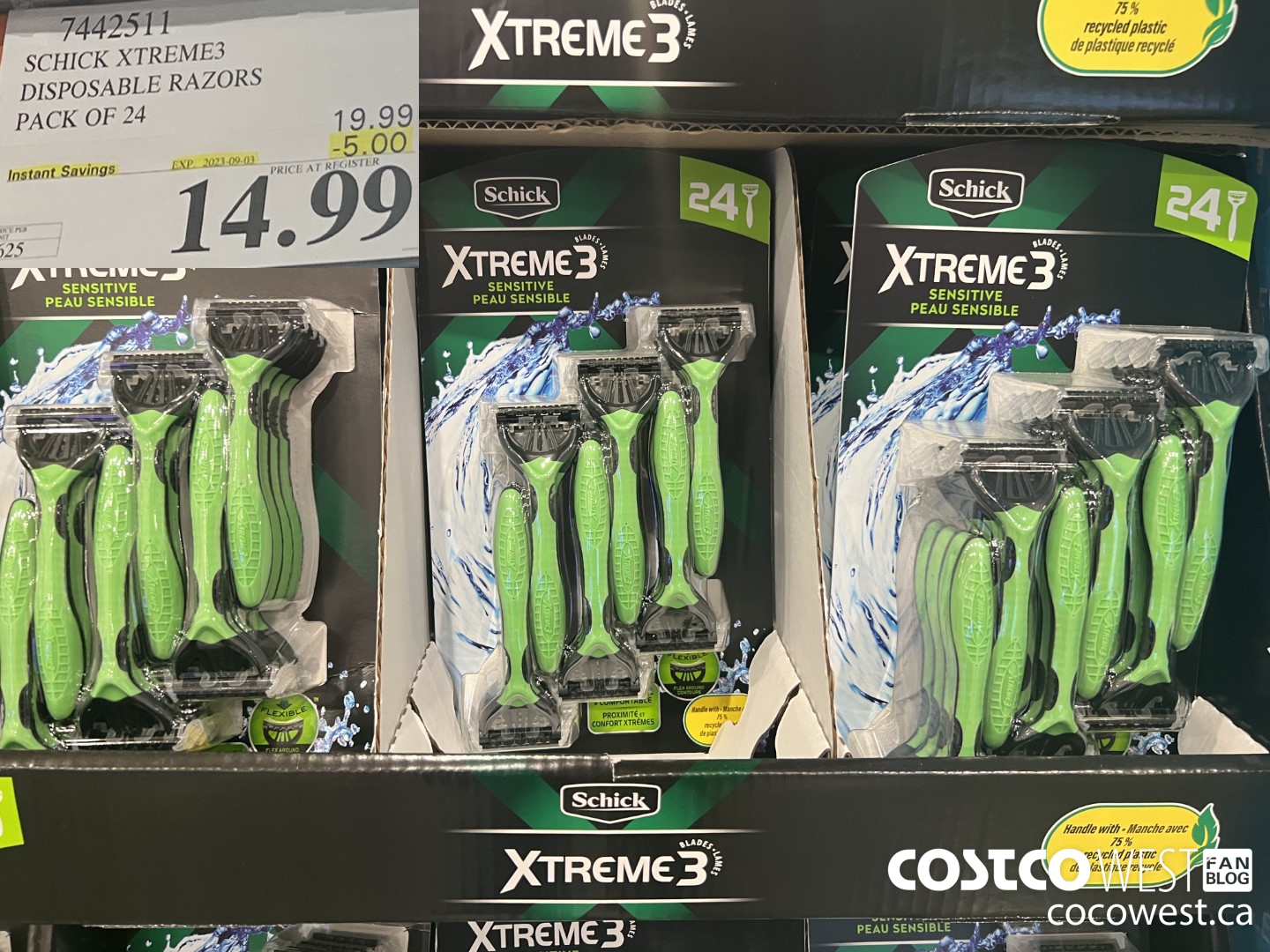 7442511 SCHICK XTREME3 DISPOSABLE RAZORS PACK OF 24 ($5.00 INSTANT SAVINGS EXPIRES ON 2023-09-03) $14.99