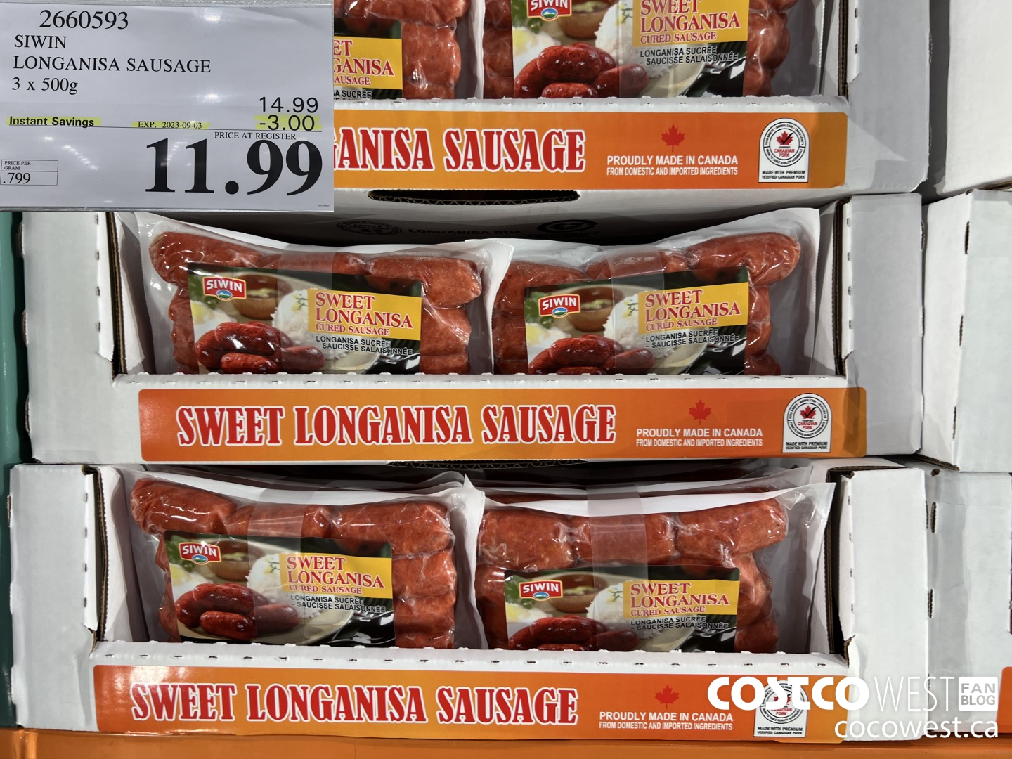 2660593 SIWIN LONGANISA SAUSAGE 3 x 500g ($3.00 INSTANT SAVINGS EXPIRES ON 2023-09-03) $11.99
