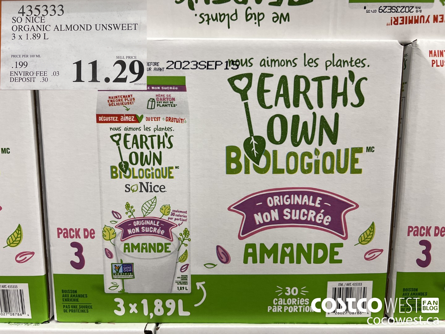 435333 SO NICE ORGANIC ALMOND UNSWEET 3 x 1.89 L $11.29