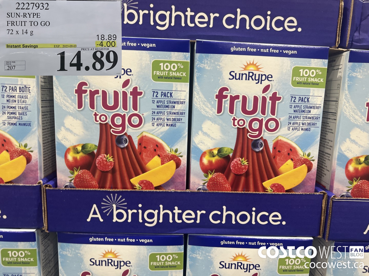 2227932 SUN-RYPE FRUIT TO GO 72 x 14g ($4.00 INSTANT SAVINGS EXPIRES ON 2023-09-03) $14.89