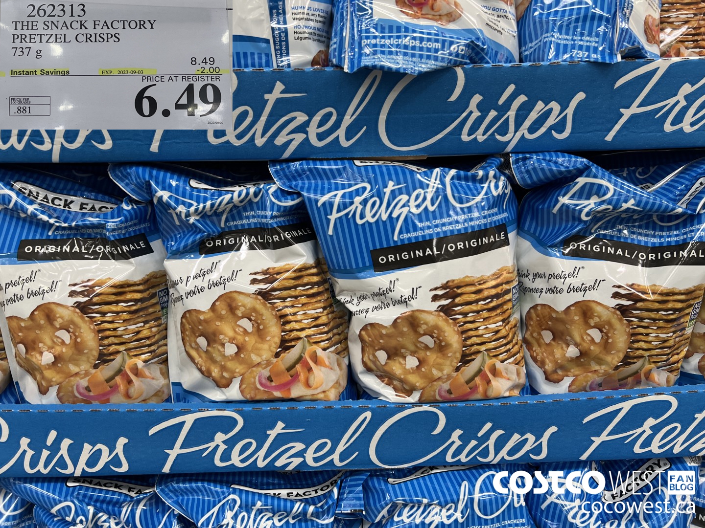 262313 THE SNACK FACTORY PRETZEL CRISPS 737 g ($2.00 INSTANT SAVINGS EXPIRES ON 2023-09-03) $6.49