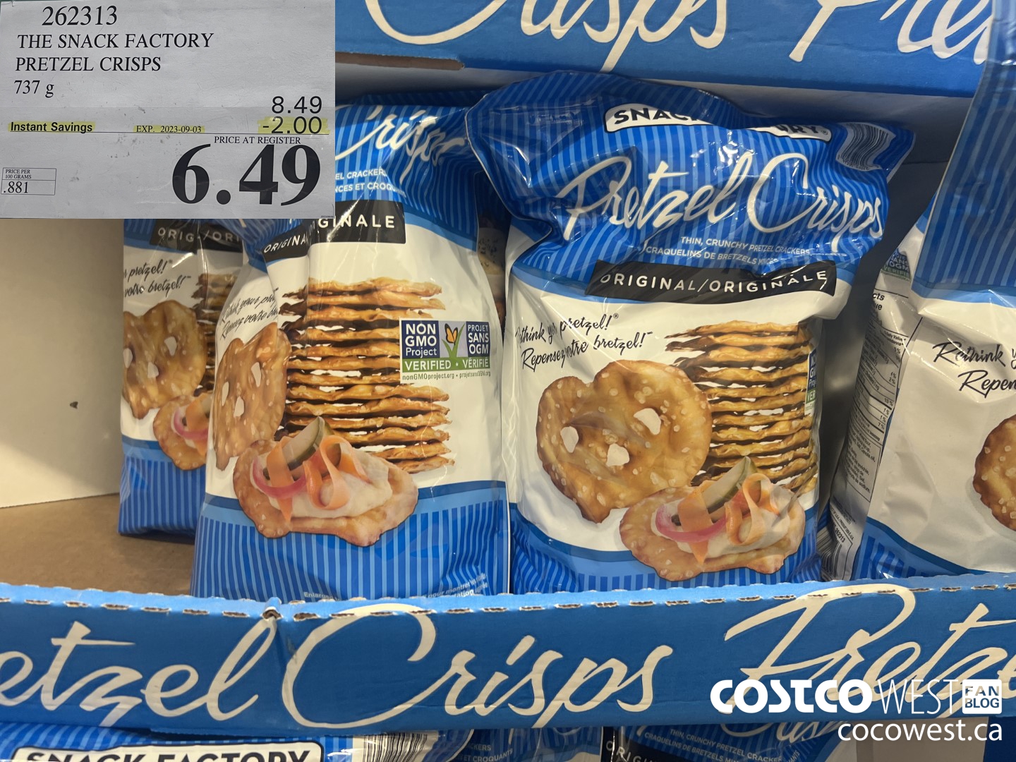 262313 THE SNACK FACTORY PRETZEL CRISPS 737 g ($2.00 INSTANT SAVINGS EXPIRES ON 2023-09-03) $6.49