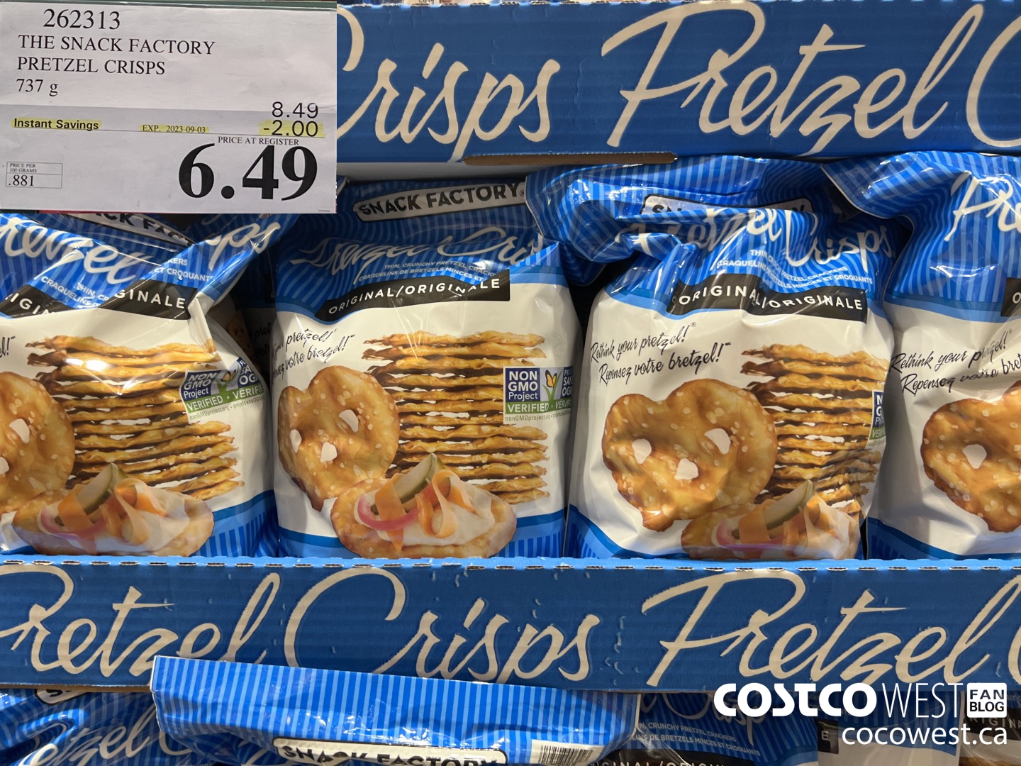 262313 THE SNACK FACTORY PRETZEL CRISPS 737 g ($2.00 INSTANT SAVINGS EXPIRES ON 2023-09-03) $6.49