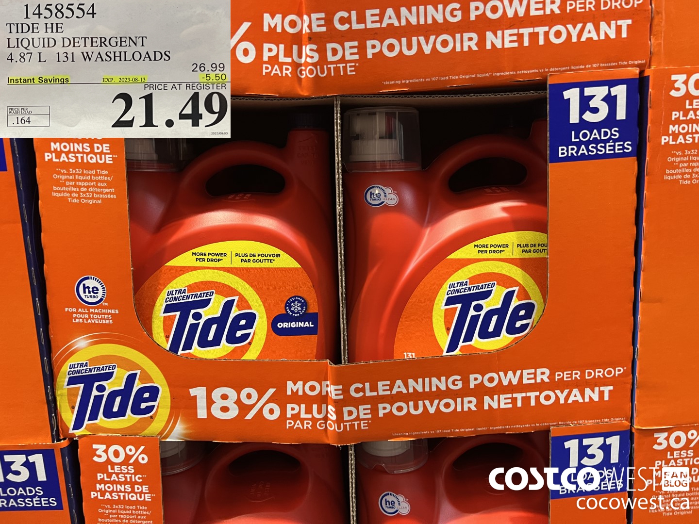 1458554 TIDE HE LIQUID DETERGENT 4.87 L 131 WASHLOADS ($5.50 INSTANT SAVINGS EXPIRES ON 2023-08-13) $21.49