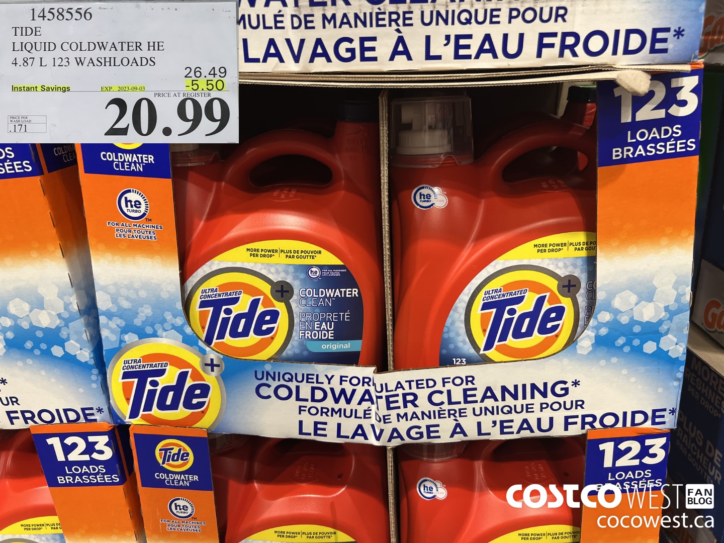 1458556 TIDE LIQUID COLDWATER HE 4.78 L 123 WASHLOADS  ($5.50 INSTANT SAVINGS EXPIRES ON 2023-09-03) $20.99