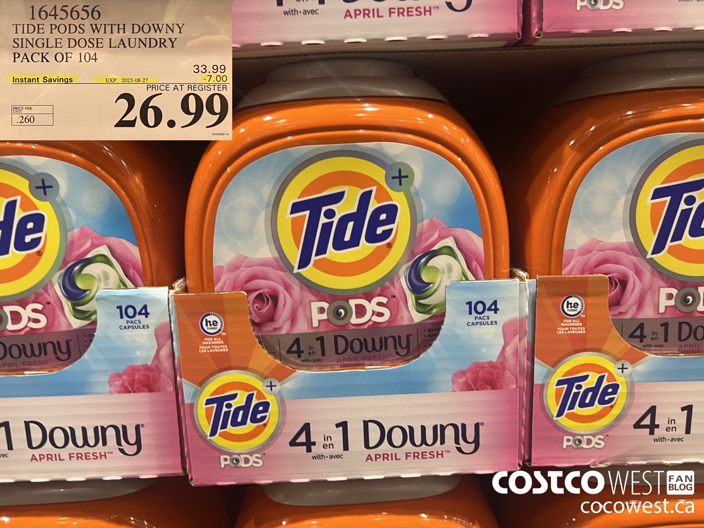 1645656 TIDE PODS WITH DOWNY SINGLE DOSE LAUNDRY 104 PACS ($7.00 INSTANT SAVINGS EXPIRES ON 2023-08-27) $26.99