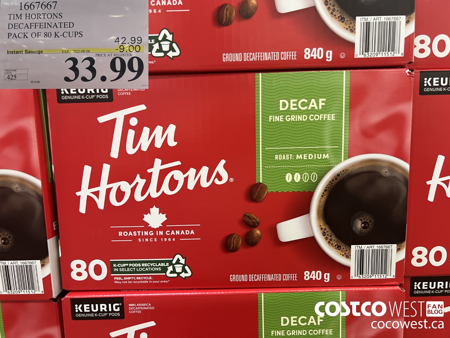 1667667 TIM HORTONS DECAFFEINATED K-CUPS 80 COUNT ($9.00 INSTANT SAVINGS EXPIRES ON 2023-08-06) $33.99