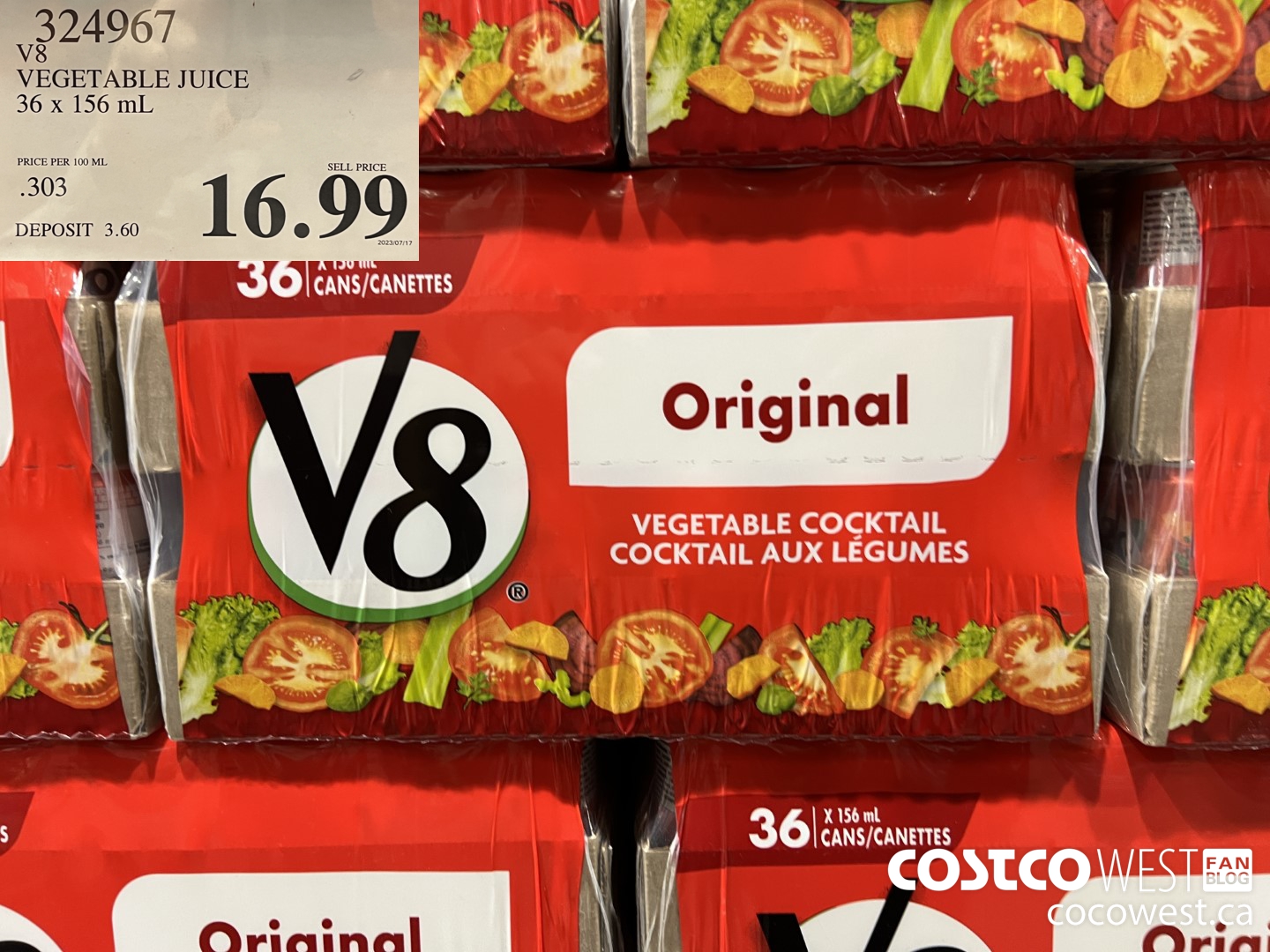 324967 V8 VEGETABLE JUICE 36 X 156 ML $16.99