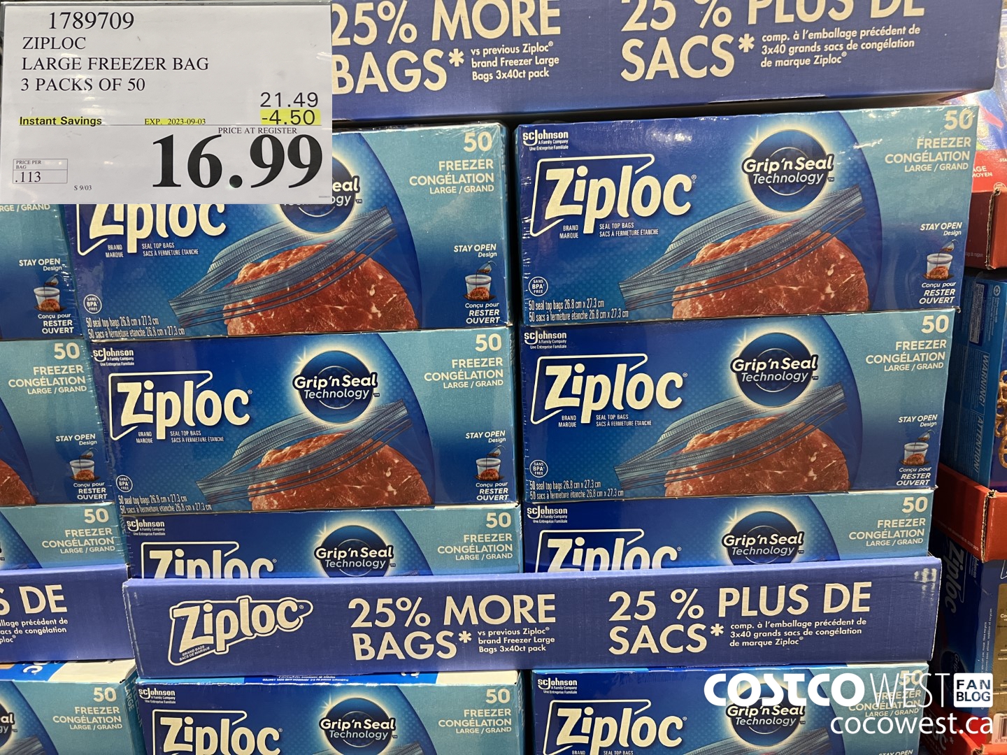 1789709 ZIPLOC LARGE FREEZER BAG 3 X 50 ($4.50 INSTANT SAVINGS EXPIRES ON 2023-09-03) $16.99