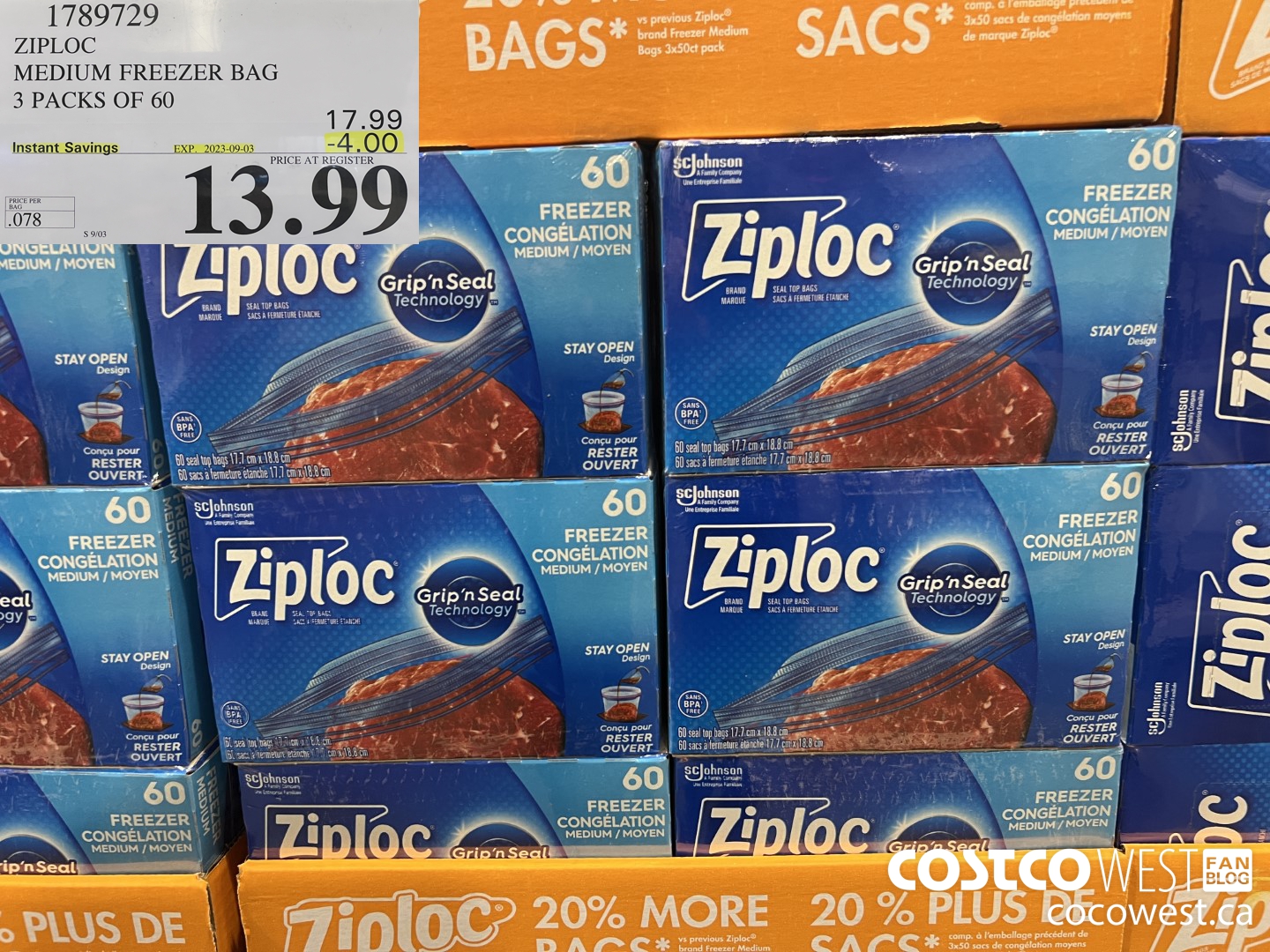 1789729 ZIPLOC MEDIUM FREEZER BAG 3 x 60 ($4.00 INSTANT SAVINGS EXPIRES ON 2023-09-03) $13.99