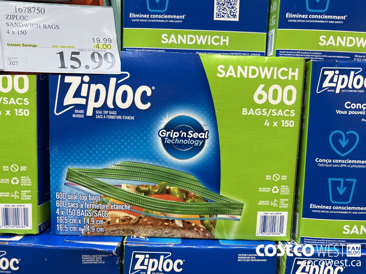 1678750 ZIPLOC SANDWICH BAGS 4 X 150 ($4.00 INSTANT SAVINGS EXPIRES ON 2023-09-03) $15.99