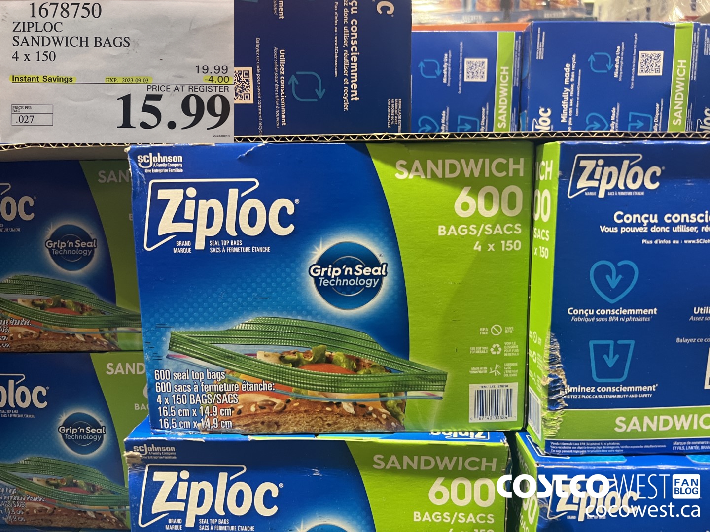 1678750 ZIPLOC SANDWICH BAGS 4 X 150 ($4.00 INSTANT SAVINGS EXPIRES ON 2023-09-03) $15.99