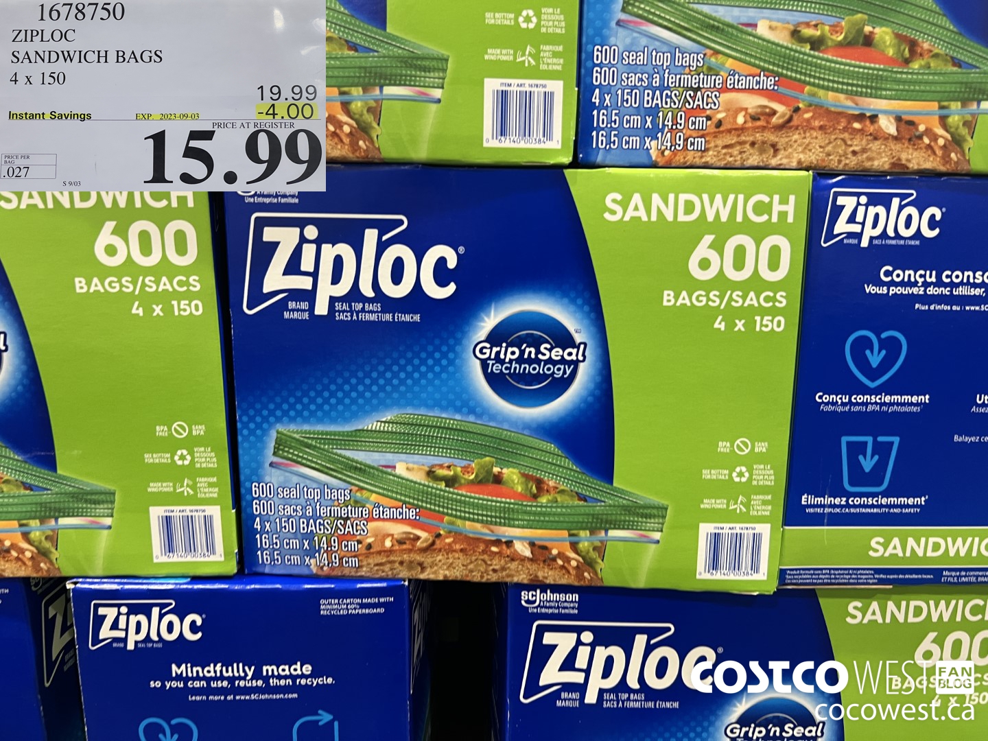 1678750 ZIPLOC SANDWICH BAGS 4 X 150 ($4.00 INSTANT SAVINGS EXPIRES ON 2023-09-03) $15.99