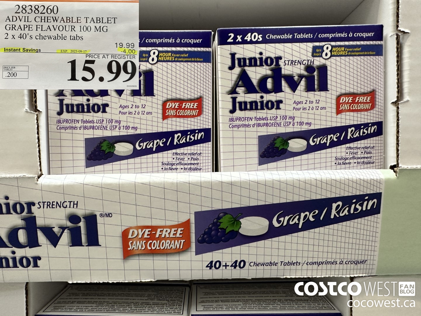 2838260 ADVIL CHEWABLE TABLET GRAPE FLAVOUR 100 MG 2 X 40'S CHEWABLE TABS ($4.00 INSTANT SAVINGS EXPIRES ON 2023-09-17) $15.99