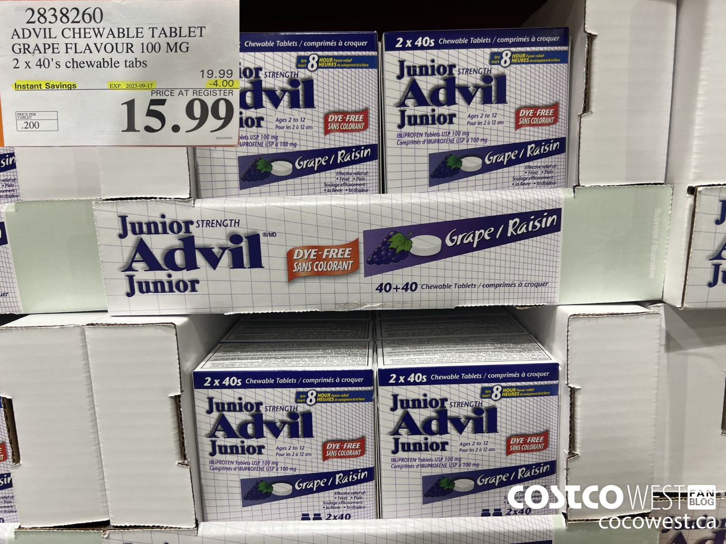 2838260 ADVIL CHEWABLE TABLET GRAPE FLAVOUR 100 MG 2 X 40'S CHEWABLE TABS ($4.00 INSTANT SAVINGS EXPIRES ON 2023-09-17) $15.99