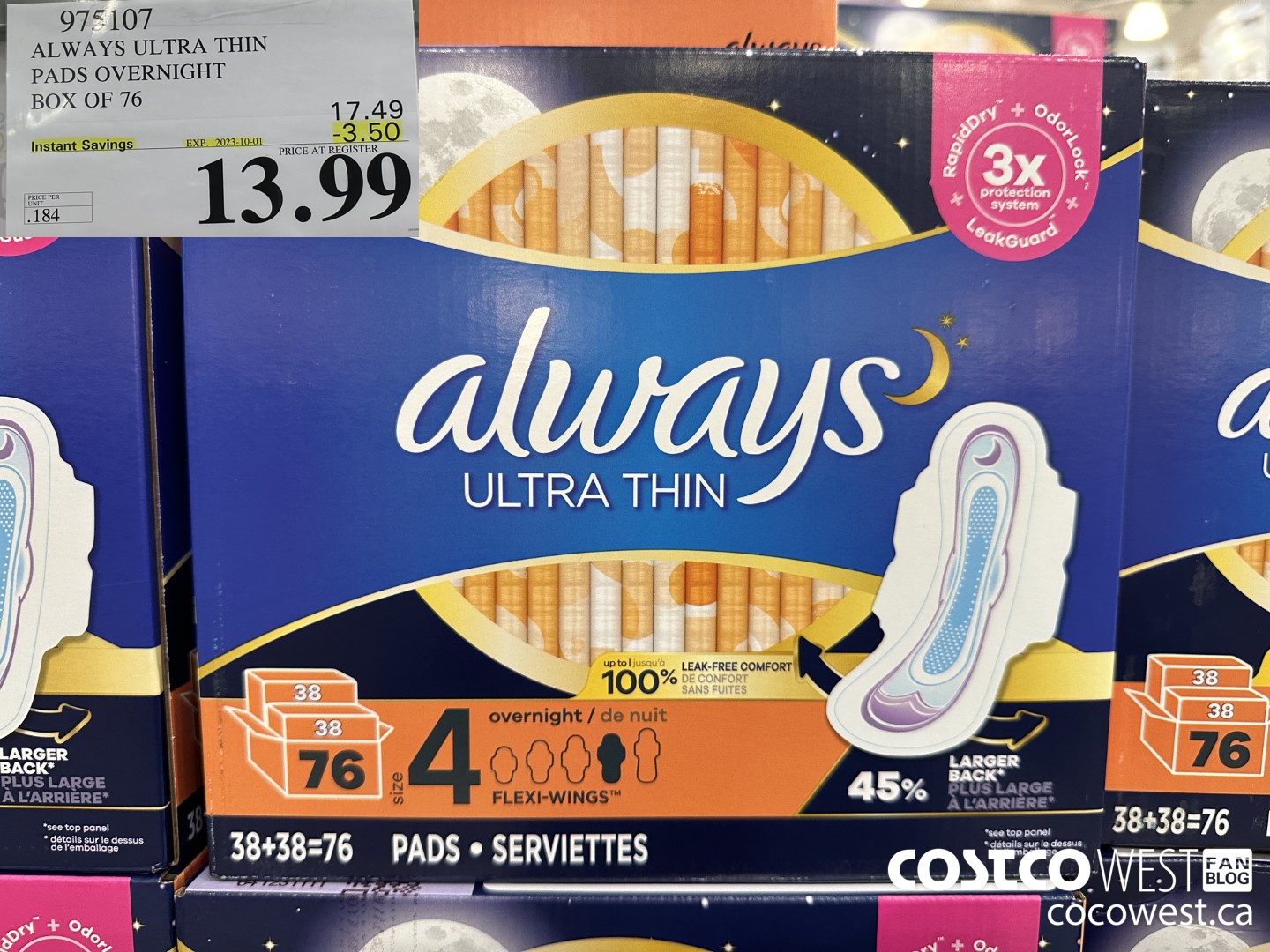 975107 ALWAYS ULTRA THIN PADS OVERNIGHT BOX OF 76 ($3.50 INSTANT SAVINGS EXPIRES ON 2023-10-01) $13.99