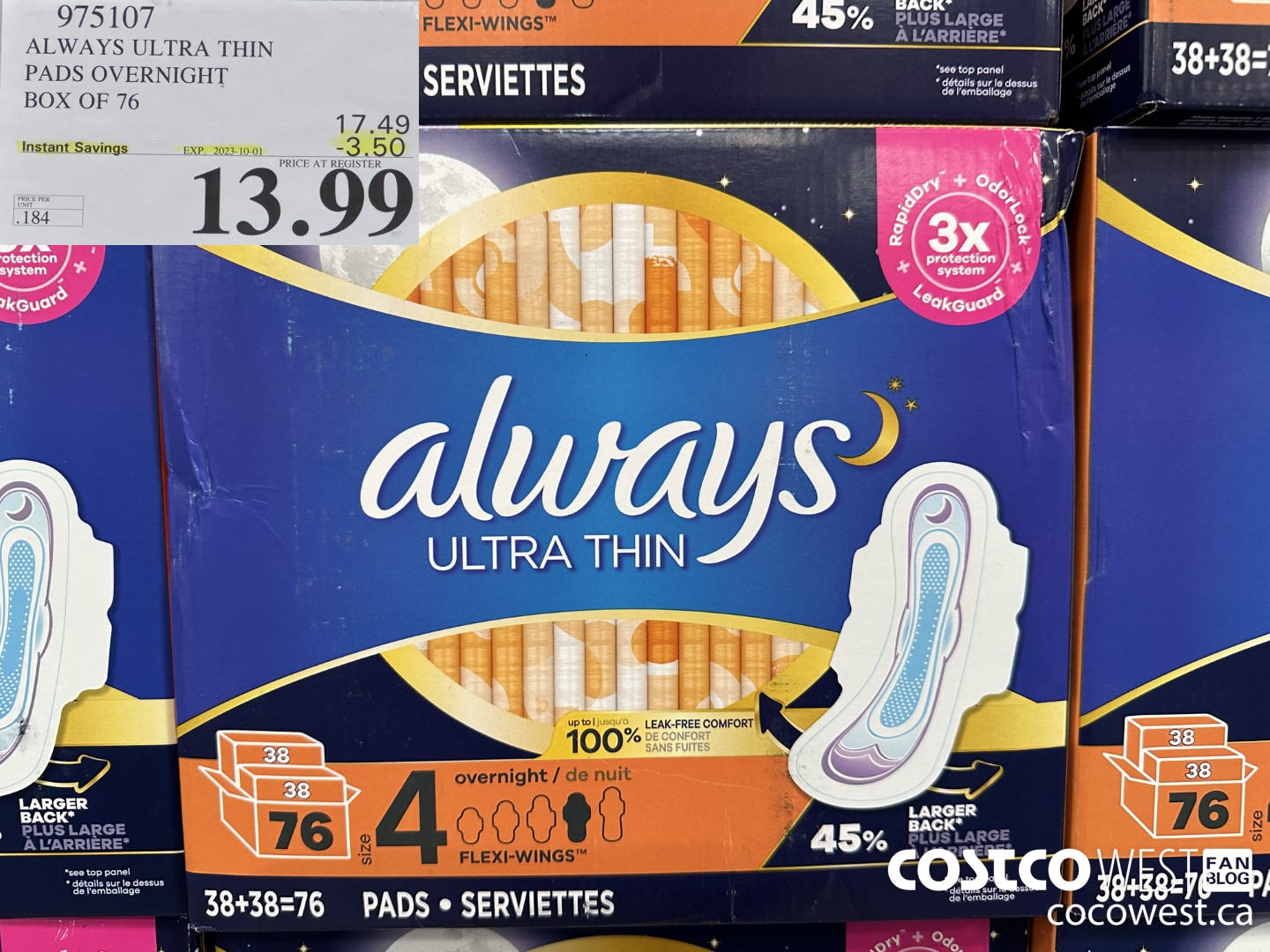 975107 ALWAYS ULTRA THIN PADS OVERNIGHT BOX OF 76 ($3.50 INSTANT SAVINGS EXPIRES ON 2023-10-01) $13.99