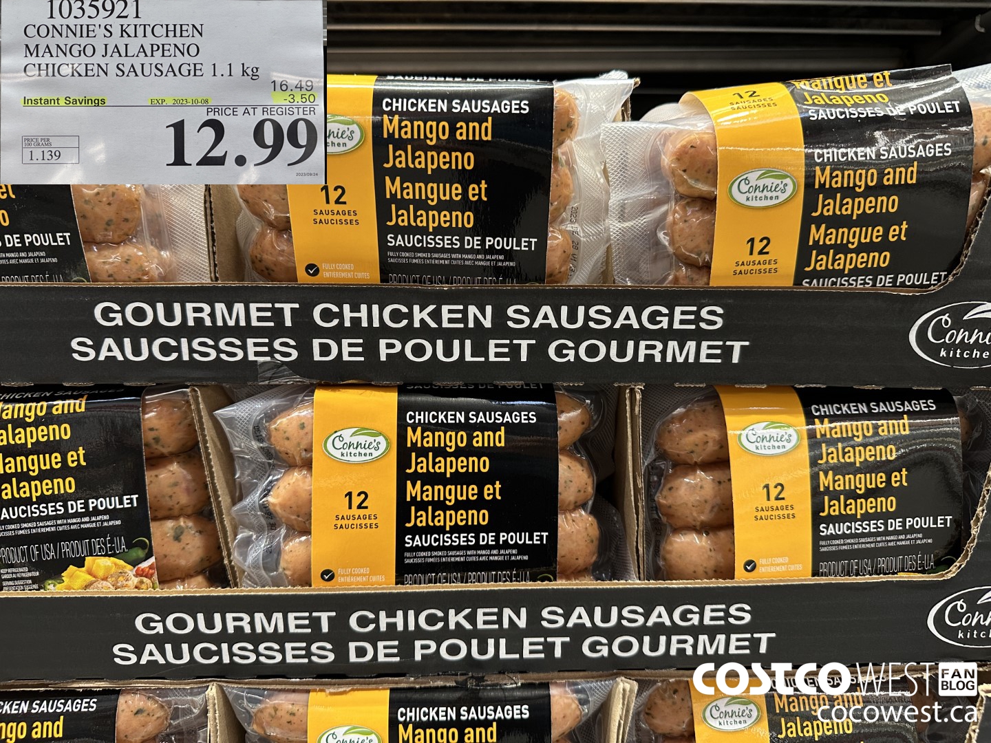 1035921 CONNIE'S KITCHEN MANGO JALAPENO CHICKEN SAUSAGE 1.1 KG ($3.50 INSTANT SAVINGS EXPIRES ON 2023-10-08) $12.99
