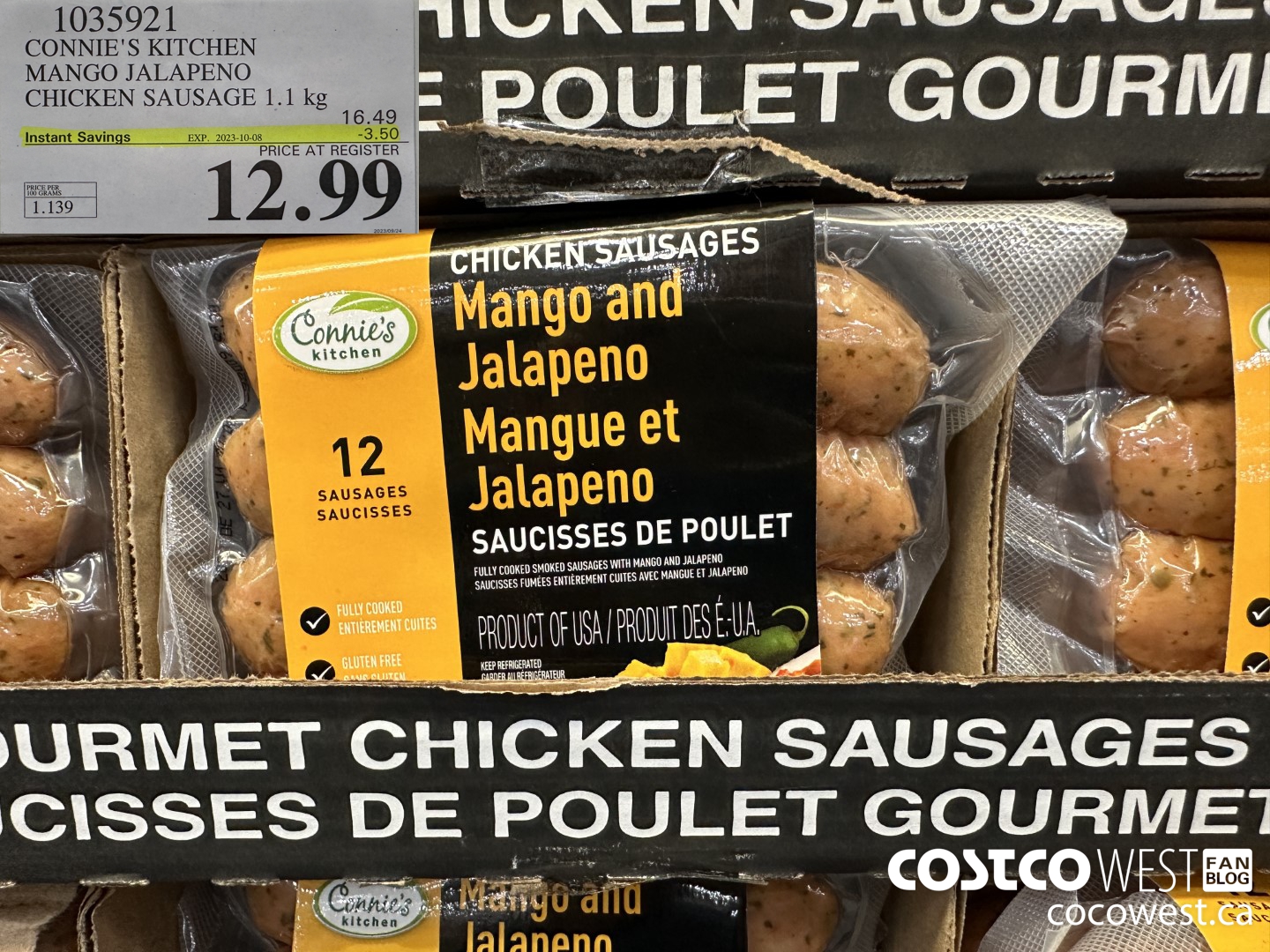 1035921 CONNIE'S KITCHEN MANGO JALAPENO CHICKEN SAUSAGE 1.1 KG ($3.50 INSTANT SAVINGS EXPIRES ON 2023-10-08) $12.99