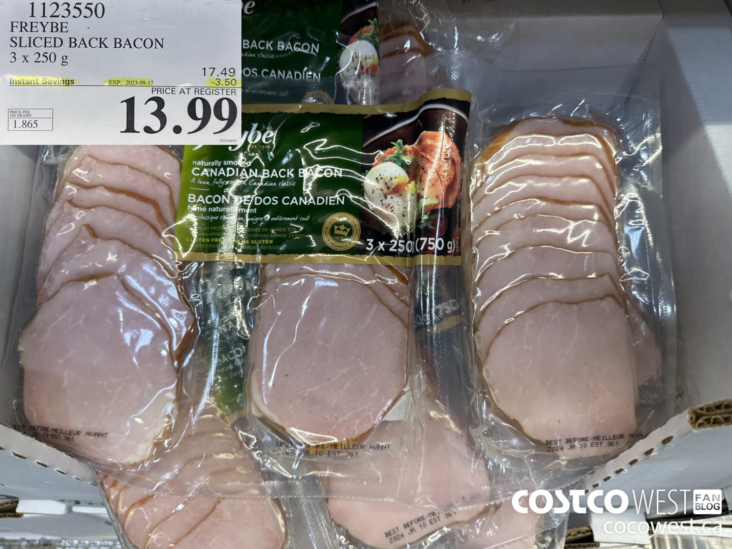 1123550 FREYBE SLICED BACK BACON 3 x 250 g ($3.50 INSTANT SAVINGS EXPIRES ON 2023-09-17) $13.99