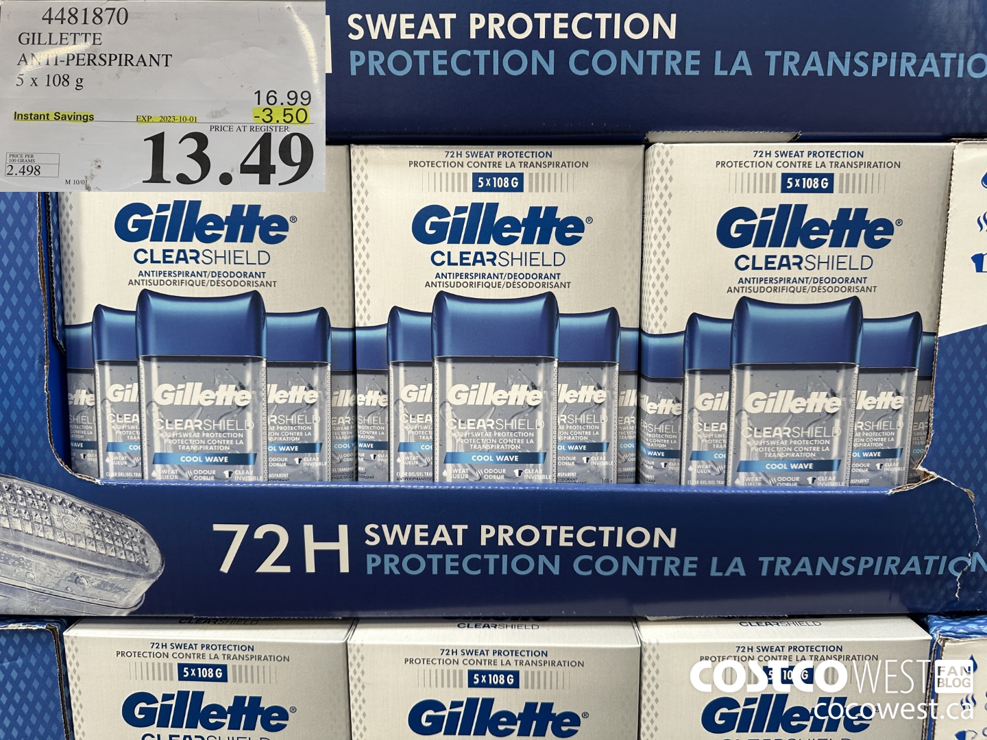 4481870 GILLETTE ANTI-PERSPIRANT 5 x 108 g ($3.50 INSTANT SAVINGS EXPIRES ON 2023-10-01) $13.49
