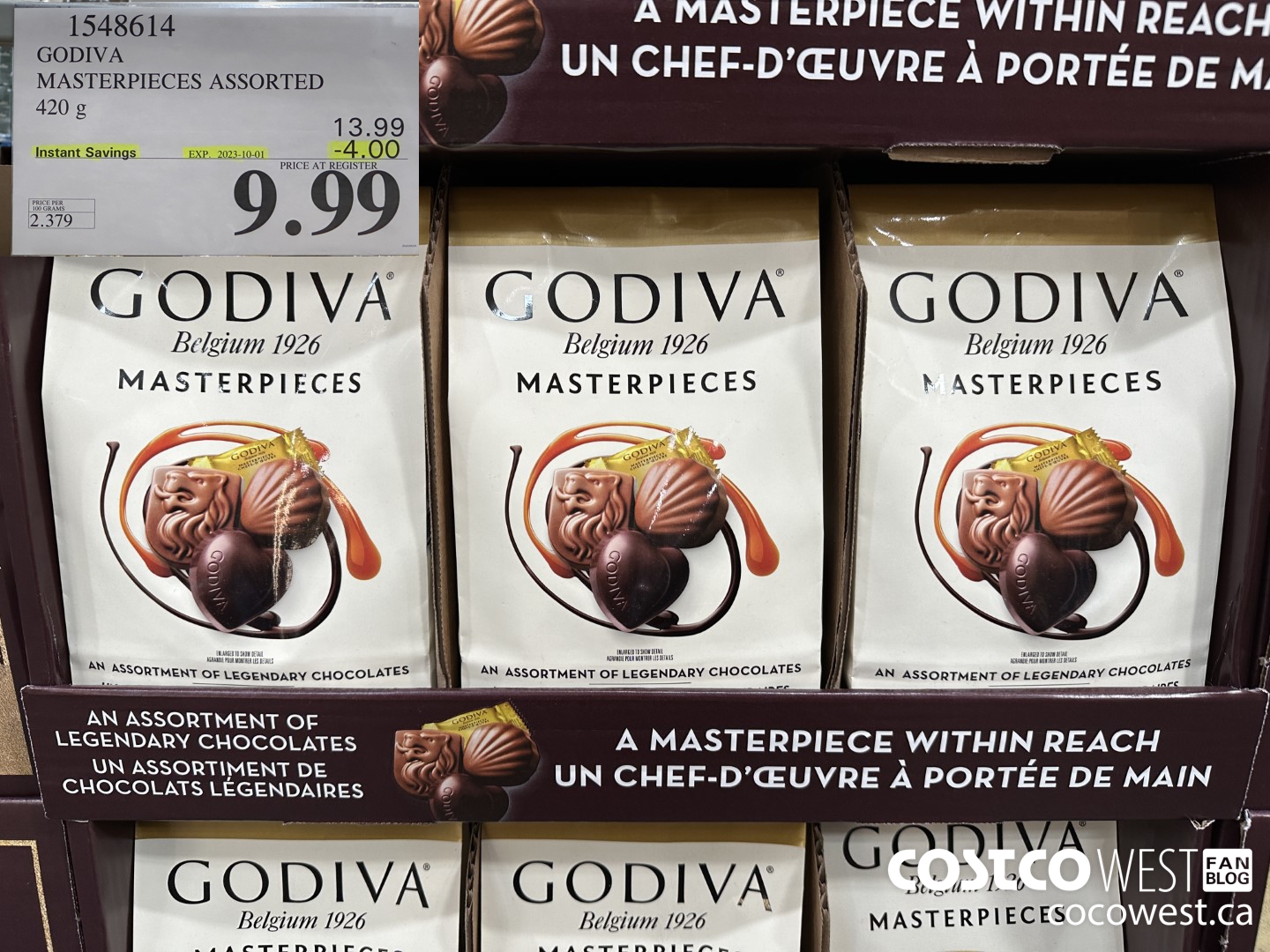 1548614 GODIVA MASTERPIECES ASSORTED 420 g ($4.00 INSTANT SAVINGS EXPIRES ON 2023-10-01) $9.99