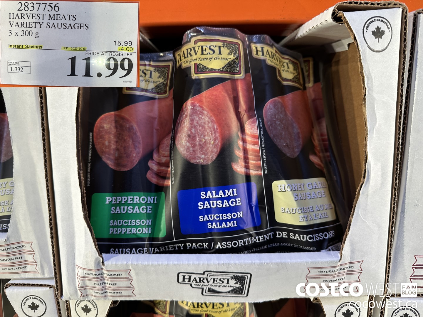 2837756 HARVEST MEATS VARIETY SAUSAGES 3 X 300 G ($4.00 INSTANT SAVINGS EXPIRES ON 2023-10-01) $11.99