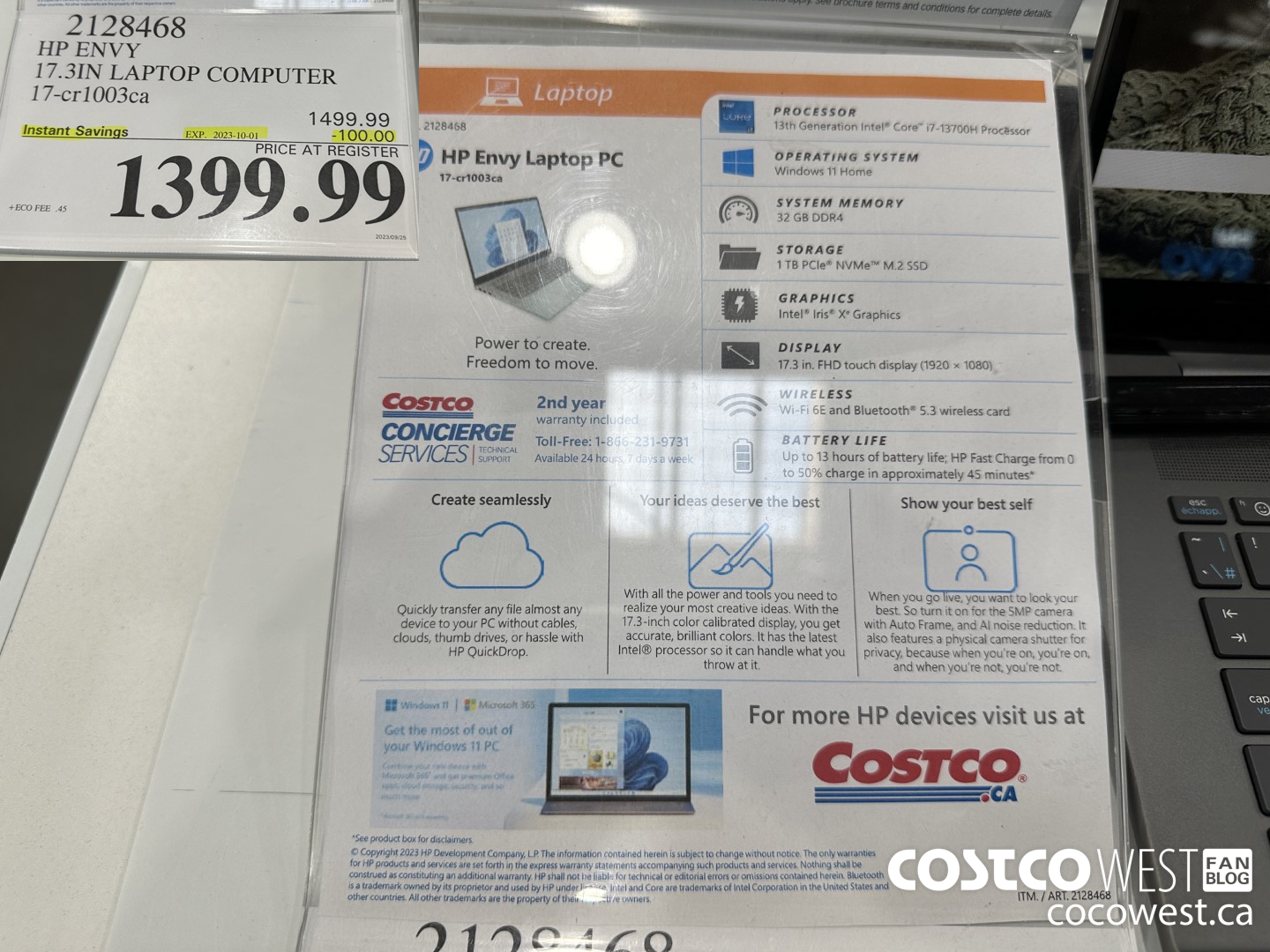 2128468 HP ENVY 17.3IN LAPTOP COMPUTER 17-CR1003CA ($100.00 INSTANT SAVINGS EXPIRES ON 2023-10-01) $1399.99