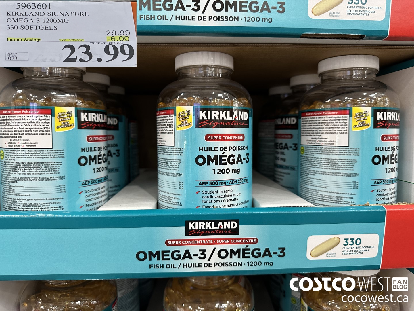 5963601 KIRKLAND SIGNATURE OMEGA 3 1200MG 330 SOFTGELS ($6.00 INSTANT SAVINGS EXPIRES ON 2023-10-01) $23.99