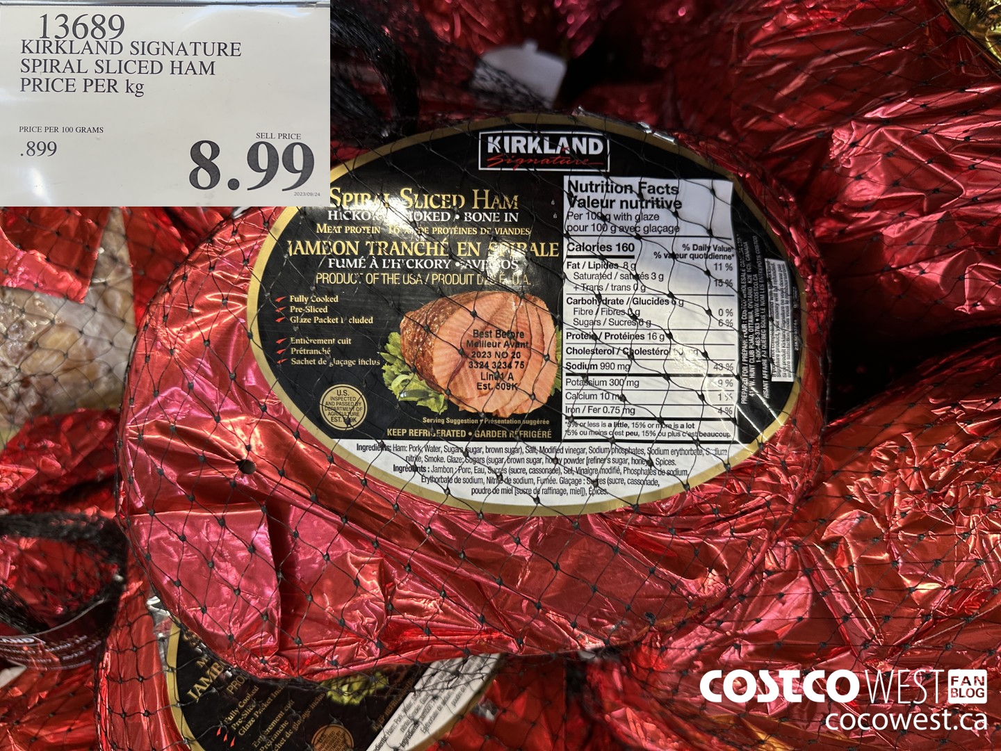 13689 KIRKLAND SIGNATURE SLICED SPIRAL HAM PRICE PER KG $8.99