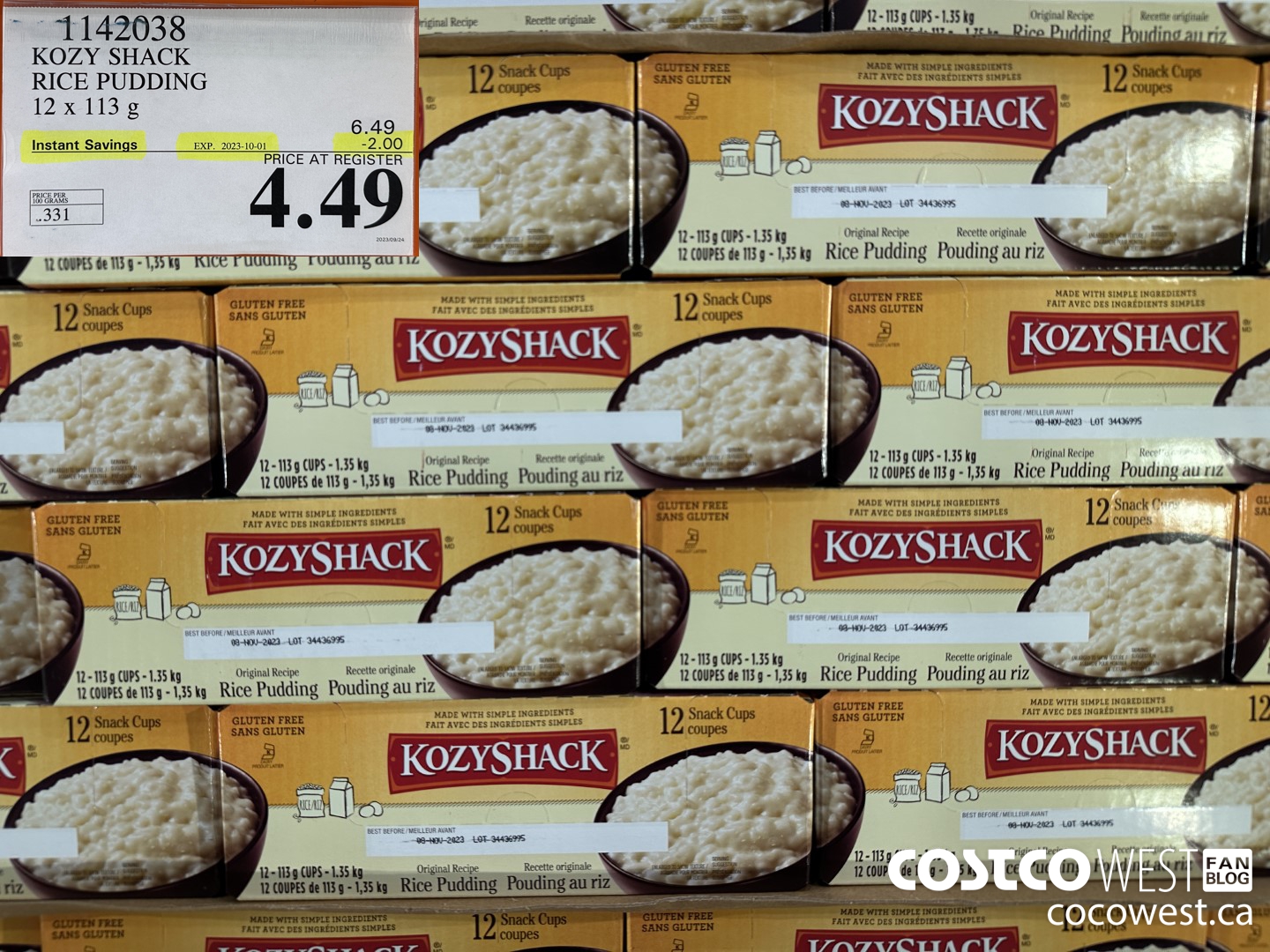 1142038 KOZY SHACK RICE PUDDING 12 x 113 g ($2.00 INSTANT SAVINGS EXPIRES ON 2023-10-01) $4.49