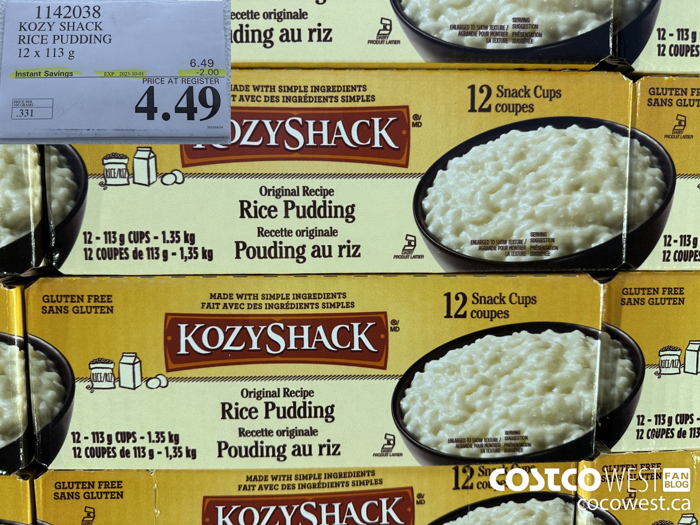 1142038 KOZY SHACK RICE PUDDING 12 x 113 g ($2.00 INSTANT SAVINGS EXPIRES ON 2023-10-01) $4.49