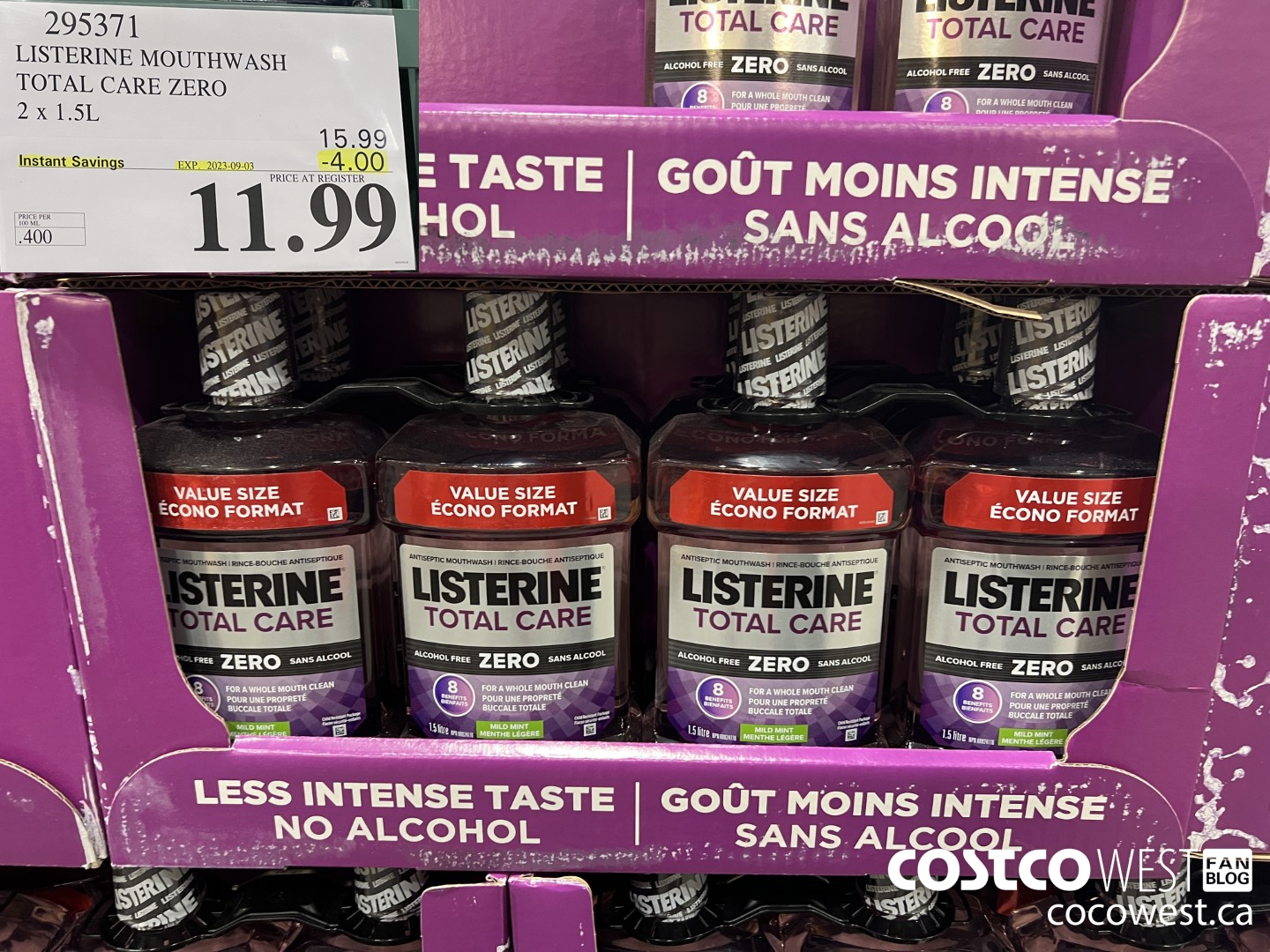 295371 LISTERINE MOUTHWASH TOTAL CARE ZERO 2 X 1.5L ($4.00 INSTANT SAVINGS EXPIRES ON 2023-09-03) $11.99